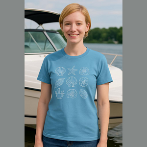 Bella Canvas Blue T-Shirt. “Seashells” Size Large